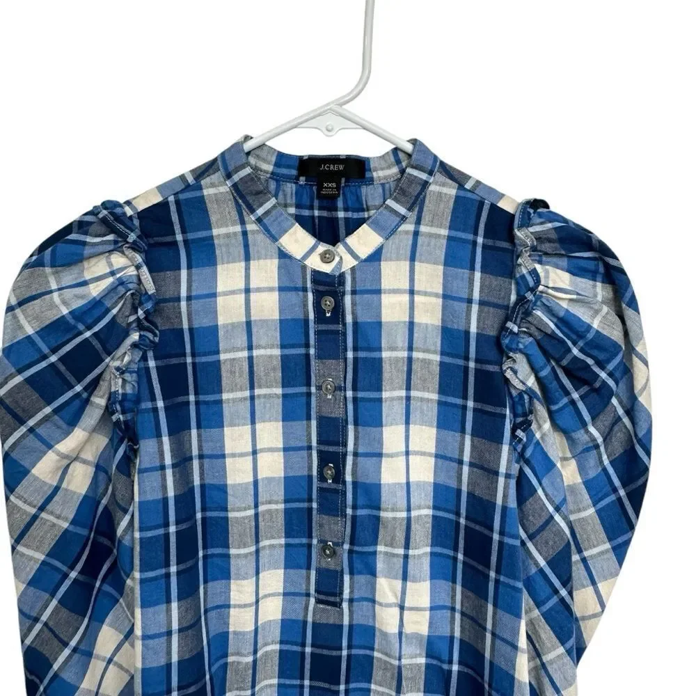 J.Crew Puff Sleeve Pop Over Plaid Blouse in‎ Valley Plaid Flannel, XXS